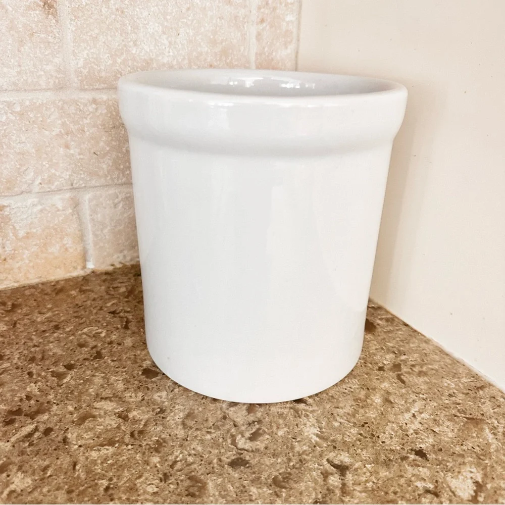 Large & Heavy Minimalist White Glazed Ceramic Kitchen Utensil Crock Holder Vase
